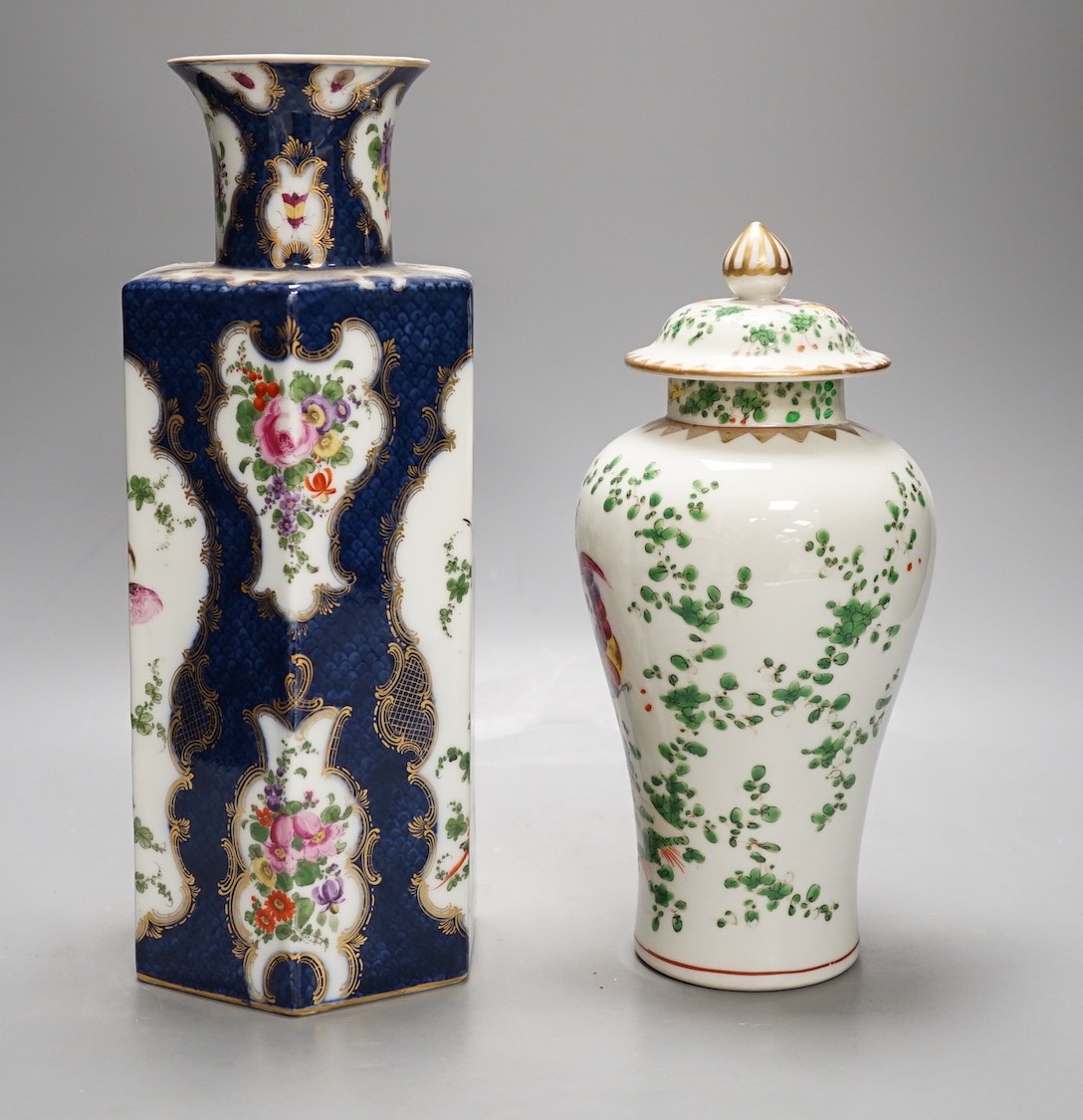 A Japanese polychrome enamelled porcelain vase and cover and a Samson scale blue hexagonal vase, in Worcester style, tallest 30cm
